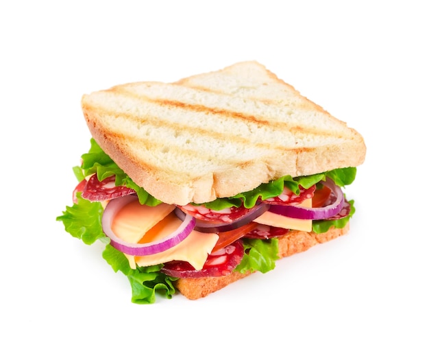 Sandwich avec saucisse isolé sur fond blanc