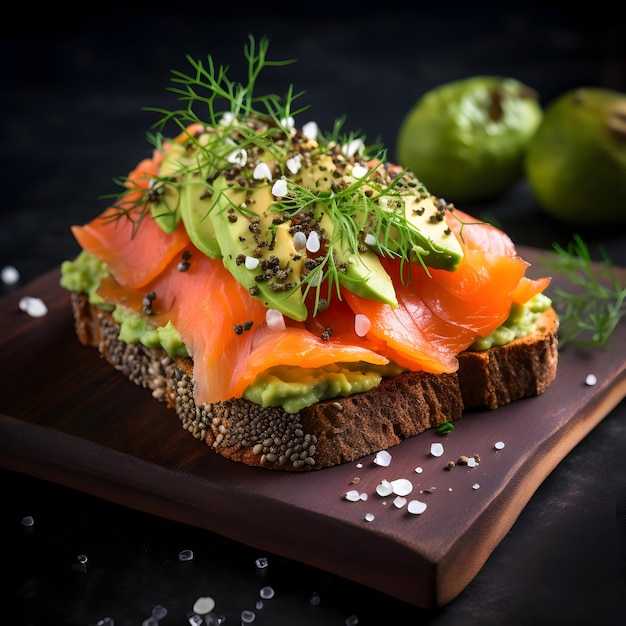 Sandwich de saumon avec de l'avocat sur un fond sombre