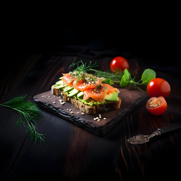 Sandwich de saumon avec de l'avocat sur un fond sombre