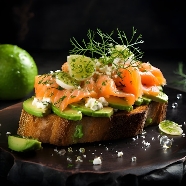 Sandwich de saumon avec de l'avocat sur un fond sombre