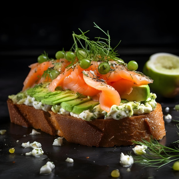 Sandwich de saumon avec de l'avocat sur un fond sombre