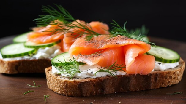 Sandwich de saumon fumé avec des tranches de concombre et de l'aneth frais généré par l'IA