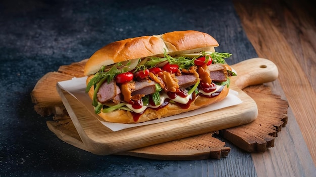 Sandwich savoureux sur planche de bois sur une surface de couleur mélangée sombre avec de l'espace libre