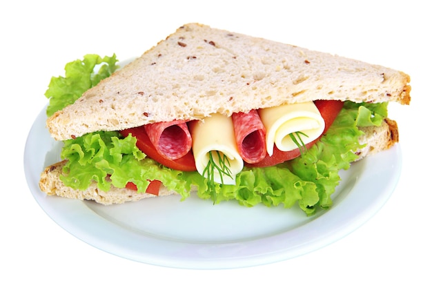 Sandwich savoureux avec saucisse de salami et légumes sur plaque blanche isolé sur blanc