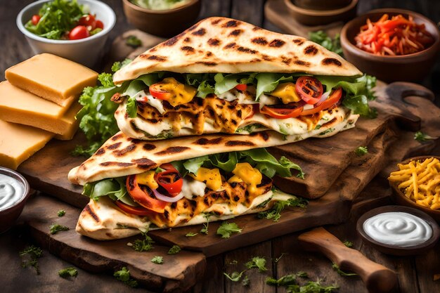 Sandwich Shawarma avec tranches de viande dukkah, fromage et sauce