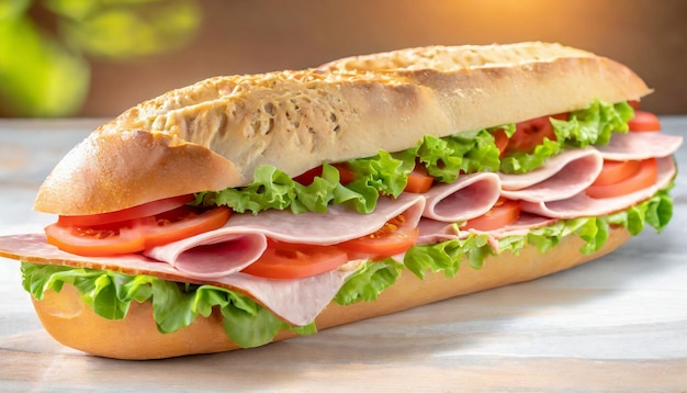 Sandwich de sous-marin frais Sandwich long avec jambon laitue et tomates Mange rapide