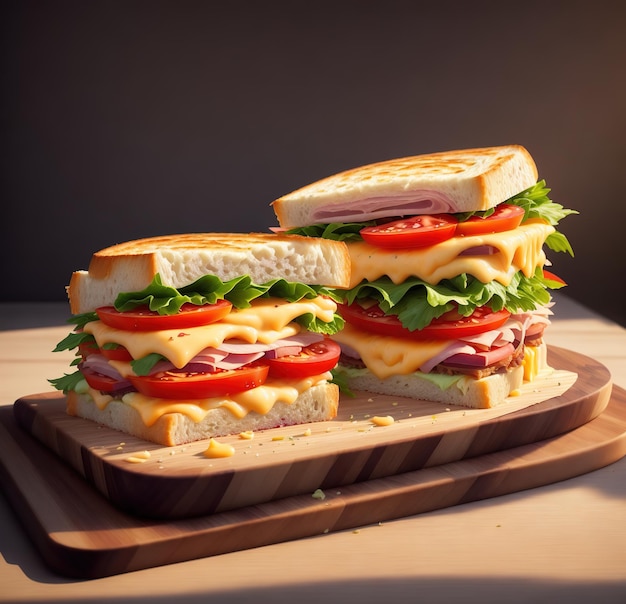 Un sandwich avec de la tomate, du fromage et de la laitue dessus