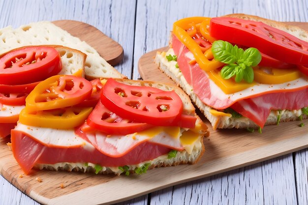 Un sandwich avec des tomates, du fromage et des concombres dessus