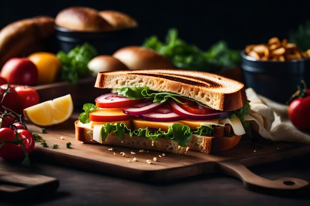 Photo un sandwich avec des tomates et de la laitue sur une planche à couper