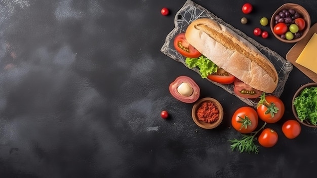 Un sandwich avec des tomates, de la laitue, des tomates et des herbes sur fond noir.