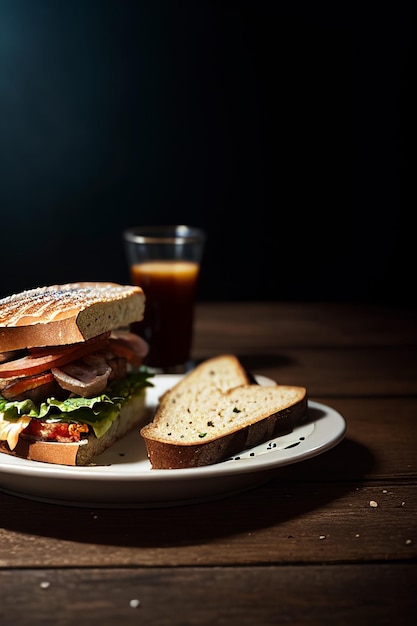 Un sandwich avec une tranche de pain et une boisson à côté