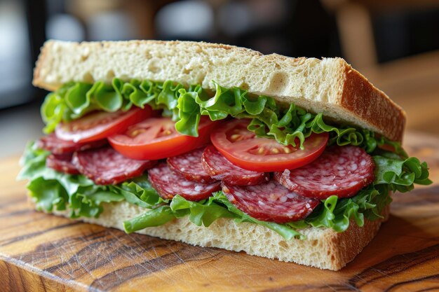 sandwich avec des tranches minces de saucisse, de laitue verte et de tomates rouges collation de restauration rapide