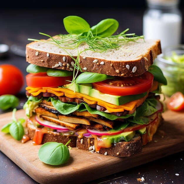 Sandwich végétalien avec du tofu, du houmous, de l'avocat, de la tomate et des pousses.