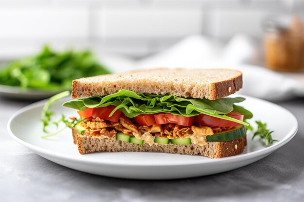 Un sandwich végétalien avec des tomates et du concombre sur une assiette blanche