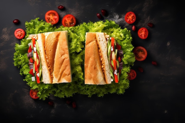 Un sandwich végétarien délicieux, découpé en deux, débordant de tomates à laitue fraîche.