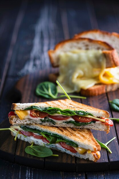 Sandwich végétarien panini avec des feuilles d'épinards, des tomates et du fromage sur une table sombre, pain grillé avec du fromage.