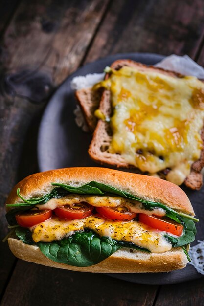 Sandwich végétarien panini avec des feuilles d'épinards, des tomates et du fromage sur une table sombre, pain grillé avec du fromage.