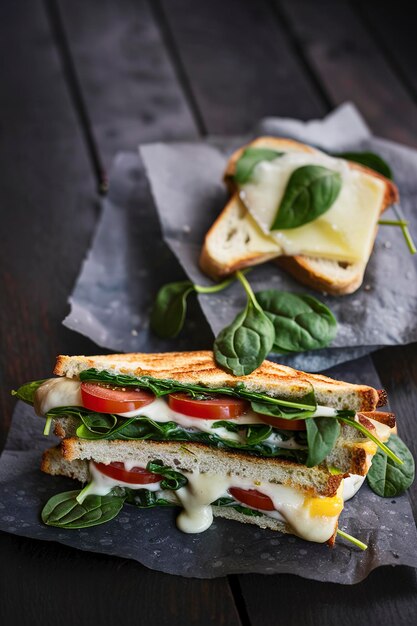 Sandwich végétarien panini avec des feuilles d'épinards, des tomates et du fromage sur une table sombre, pain grillé avec du fromage.