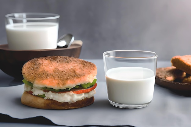 sandwich et un verre de lait blanc frais pour le petit déjeuner