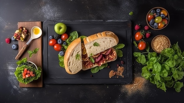 Un sandwich avec de la viande et du fromage sur un tableau noir