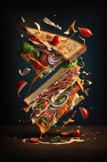 Un sandwich avec de la viande, du fromage et de la tomate dessus