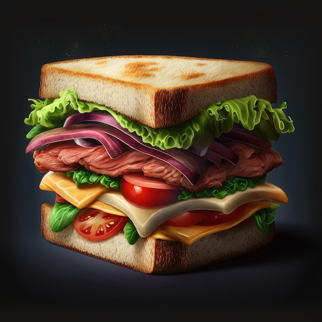 Un sandwich avec de la viande, de la laitue et de la tomate dessus.