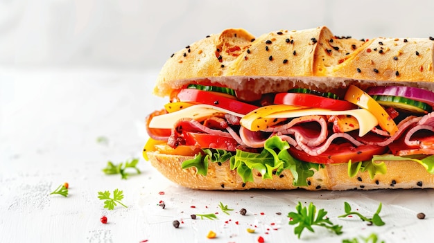 Un sandwich vibrant débordant d'ingrédients frais sur un fond blanc