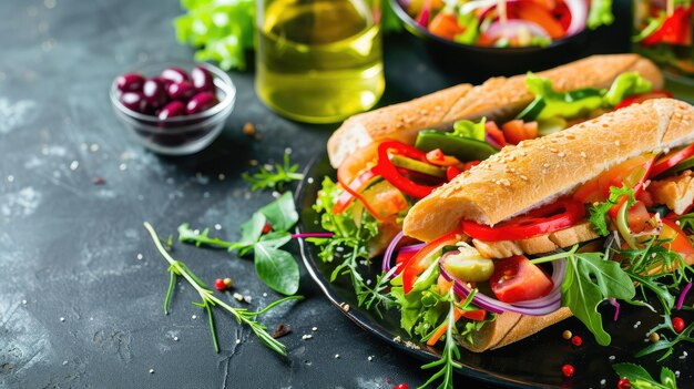 Un sandwich vibrant avec des légumes frais sur une assiette sombre