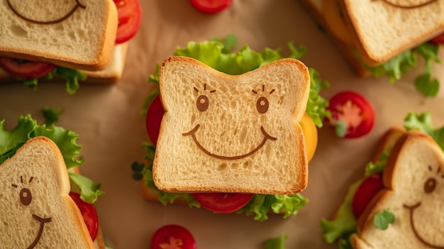 Un sandwich avec un visage et un smiley sur le dessus