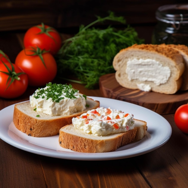 Sandwiches au fromage cottage et légumes sur un fond en bois