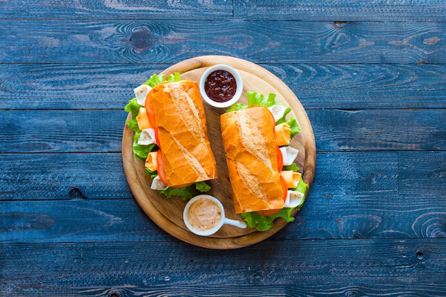 Sandwiches délicieux avec de la dinde, du jambon, du fromage et des tomates