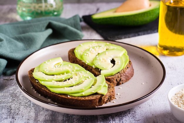 Sandwiches sur pain de seigle avec avocat et graines de sésame sur une assiette Alimentation saine