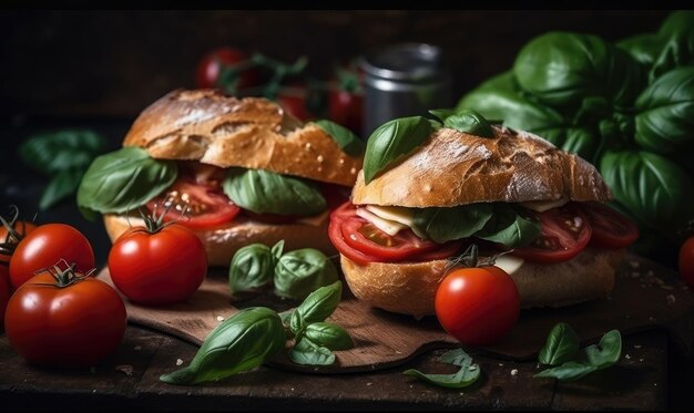Sandwiches à la tomate et au basilic avec des ingrédients végétariens italiens ou concept d'aliments sains AI générative