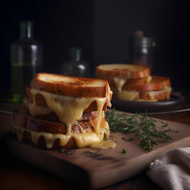 Photo des sandwichs au fromage et au bacon sur une planche en bois fond sombre