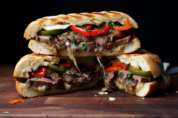 Des sandwichs au steak grillé avec des oignons et des poivrons