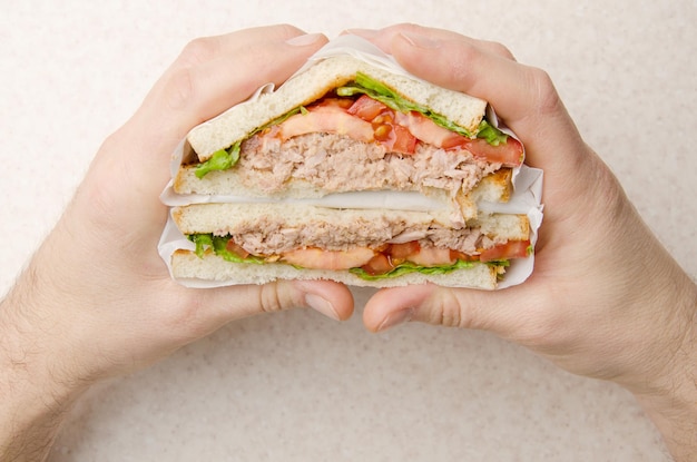 Sandwichs au thon enveloppés avec des tomates de laitue et des oignons coupés en deux dans la main du modèle caucasien