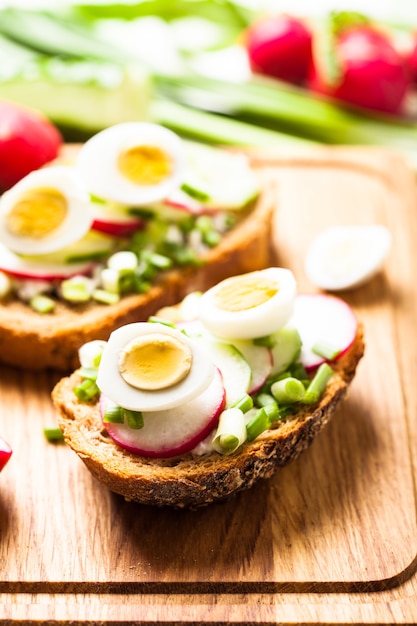 Sandwichs aux radis frais, concombre, oignons et œufs de caille sur une table en bois