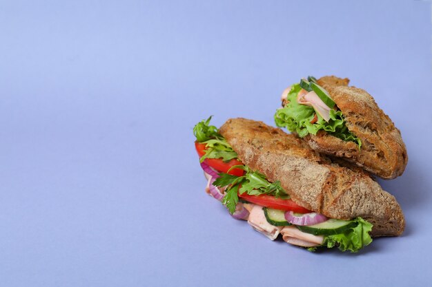 Sandwichs ciabatta sur fond violet, espace pour le texte