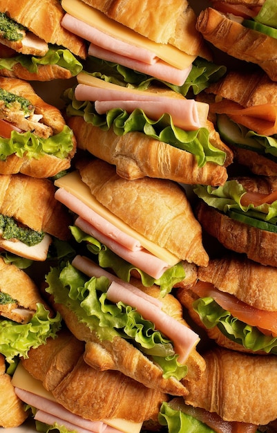 Photo sandwichs de croissants frais assortis avec salade de fromage au jambon et autres garnitures