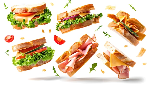 Photo des sandwichs délicieux avec des ingrédients frais lévitant sur un fond blanc une explosion de goût parfait pour les blogs gastronomiques et les menus ai