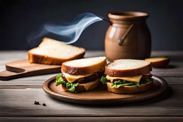 Sandwichs sur une plaque de bois avec une fumée qui en sort