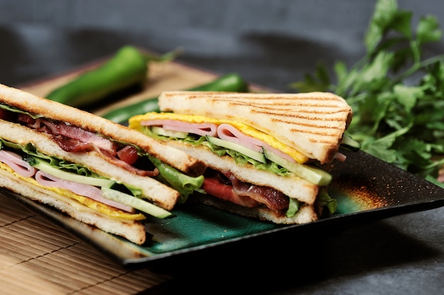 Sandwichs triangulaires avec jambon et omelette sur une assiette