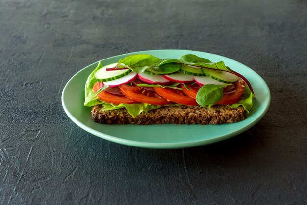 Sandwichs végétaliens et végétariens faits maison avec tomate, radis en treillis, concombre et oignons nouveaux. Petit-déjeuner sain.