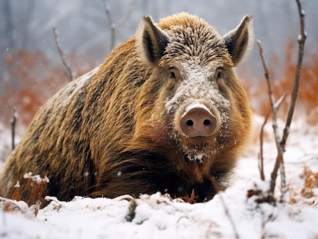 Photo un sanglier couché dans la neige