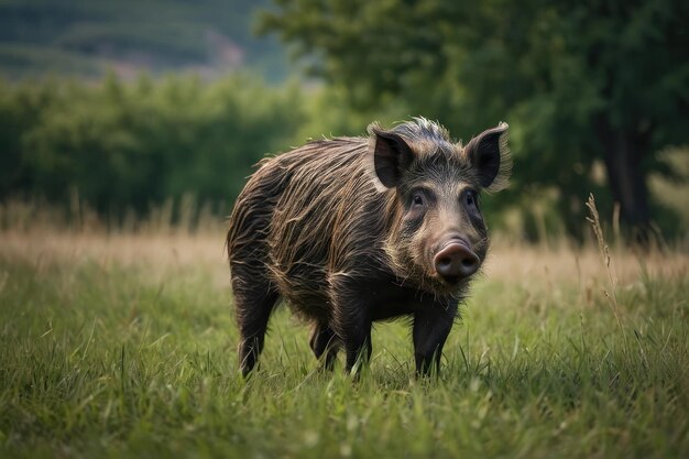 Photo un sanglier debout dans un paysage herbeux au crépuscule