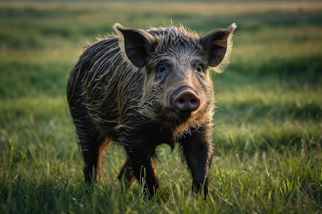 Un sanglier debout dans un paysage herbeux au crépuscule