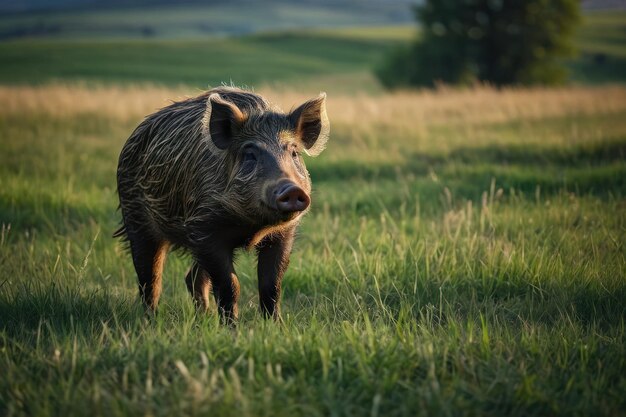 Photo un sanglier debout dans un paysage herbeux au crépuscule