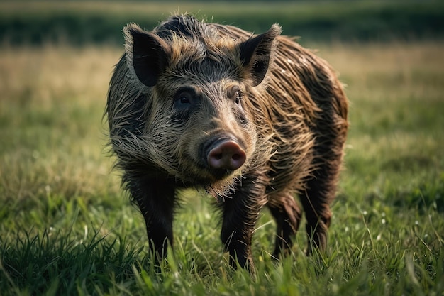 Photo un sanglier debout dans un paysage herbeux au crépuscule