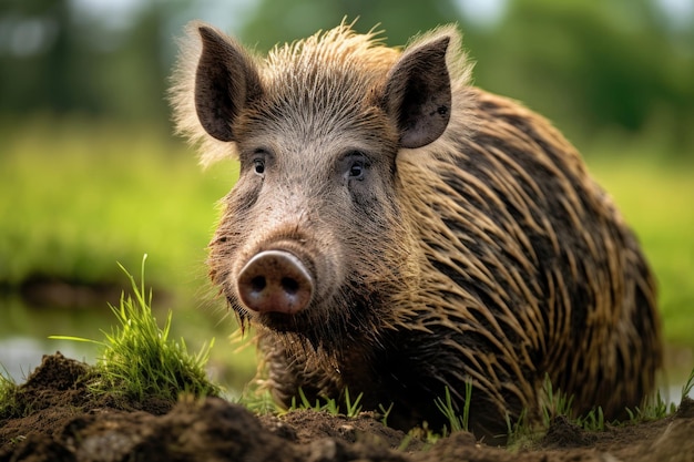 Le sanglier Sus scrofa sur l'herbe verte