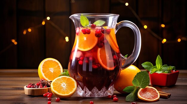 Sangria de Noël dans une cruche en verre avec des tranches d'orange et des baies sur une table en bois générée par l'IA